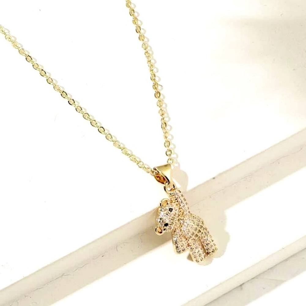 Teddy Bear Gold Plated Zircon Charm Pendant Necklace - Picture 2 of 6